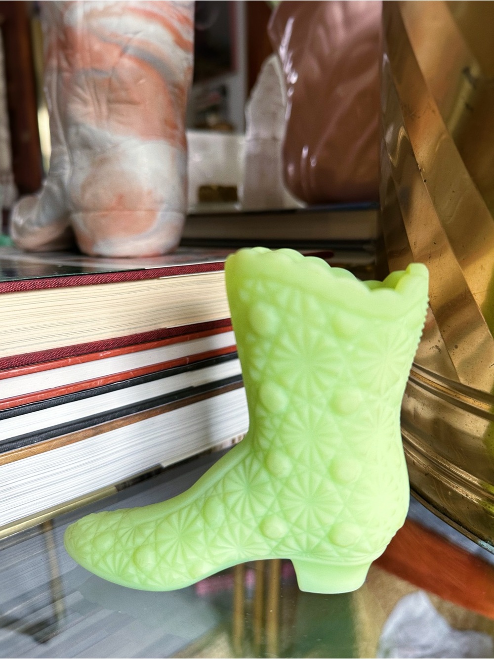 Fenton Lime Green Custard Uranium Glass Daisy & Button Victorian Boot